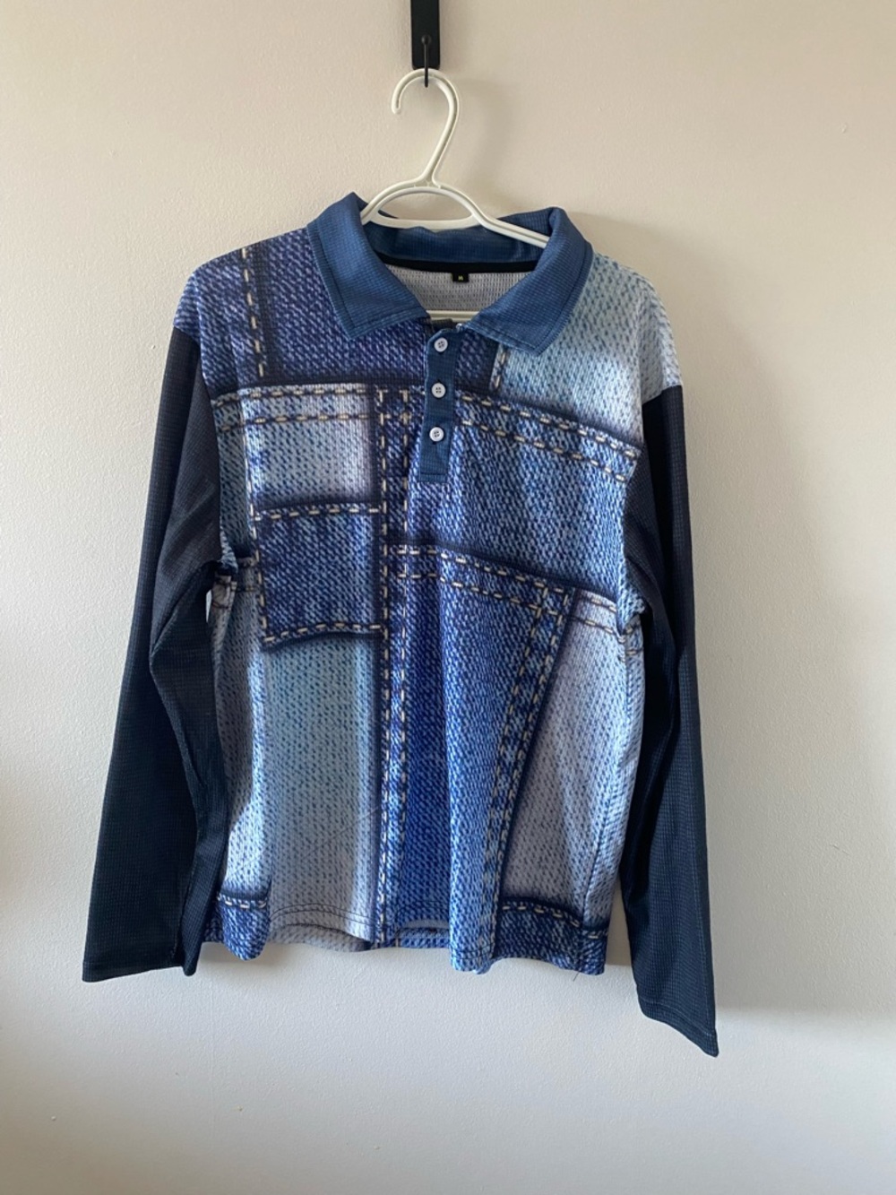 Long Sleeve Polo Shirt in Multi Blue Denim Print